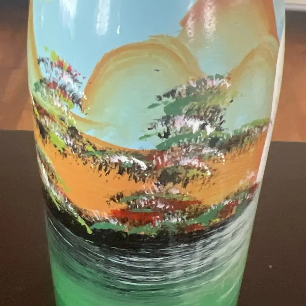 Hand Painted Glass Decorative Bottle Landscape Design Light Blue Green Bohemian